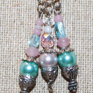 Photo of Blue & Pink Dangles Bead on a Silver Tone Necklace Chain 26" L