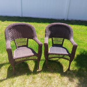 Photo of 2 OUTDOOR WICKER CHAIRS AND 1 ANTIQUE WICKER ROCKER