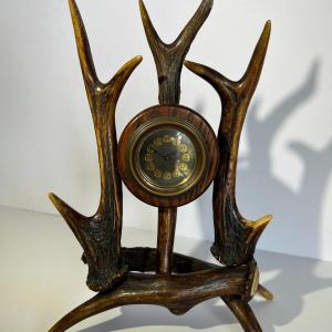 Photo of Antique Deer Antler Clock 10" Tall in Very Good Preowned Condition as Pictured.