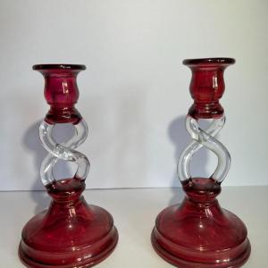 Photo of Vintage Art Glass Candle Holders 8.25" Tall in Good Preowned Condition as Pictur