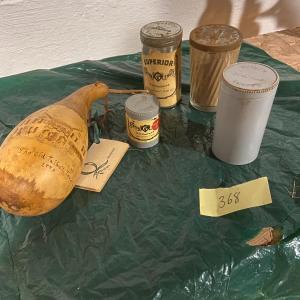 Photo of Lot of Vintage Snuff Tins and a Carved Folk Art Gourd