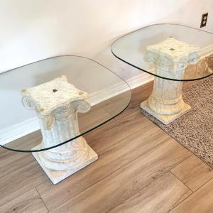 Photo of Lot #67 Pair of 80's Lamp tables - Tempered Glass on Column