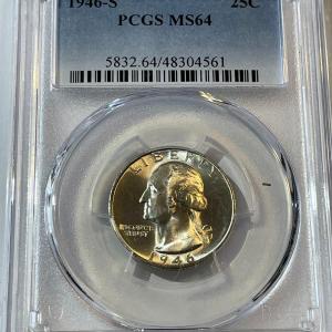 Photo of PCGS Certified 1946-S MS-64 Quality Washington Silver Quarter as Pictured.