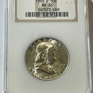 Photo of NGC Certified 1950-D MS65 Lightly Toned Franklin Silver Half Dollar as Pictured.