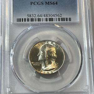 Photo of PCGS Certified 1946-S MS-64 Quality Washington Silver Quarter as Pictured.
