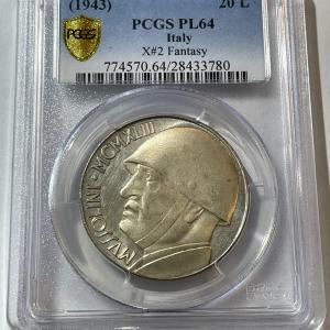 Photo of PCGS CERTIFIED ITALY 1943 PL64 CONDITION 20 LIRE - MUSSOLINI FANTASY MEDAL AS PI