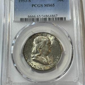 Photo of PCGS Certified 1953-S MS65 Nicely Toned Franklin Silver Half Dollar as Pictured.