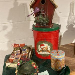 Photo of Lot of Christmas Ornaments, Tins, and Birdhouse