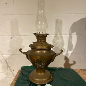 Photo of Antique Brass Fleur de Lis Kerosene/Hurricane Lamp (Possibly Volkmar, No Decorat