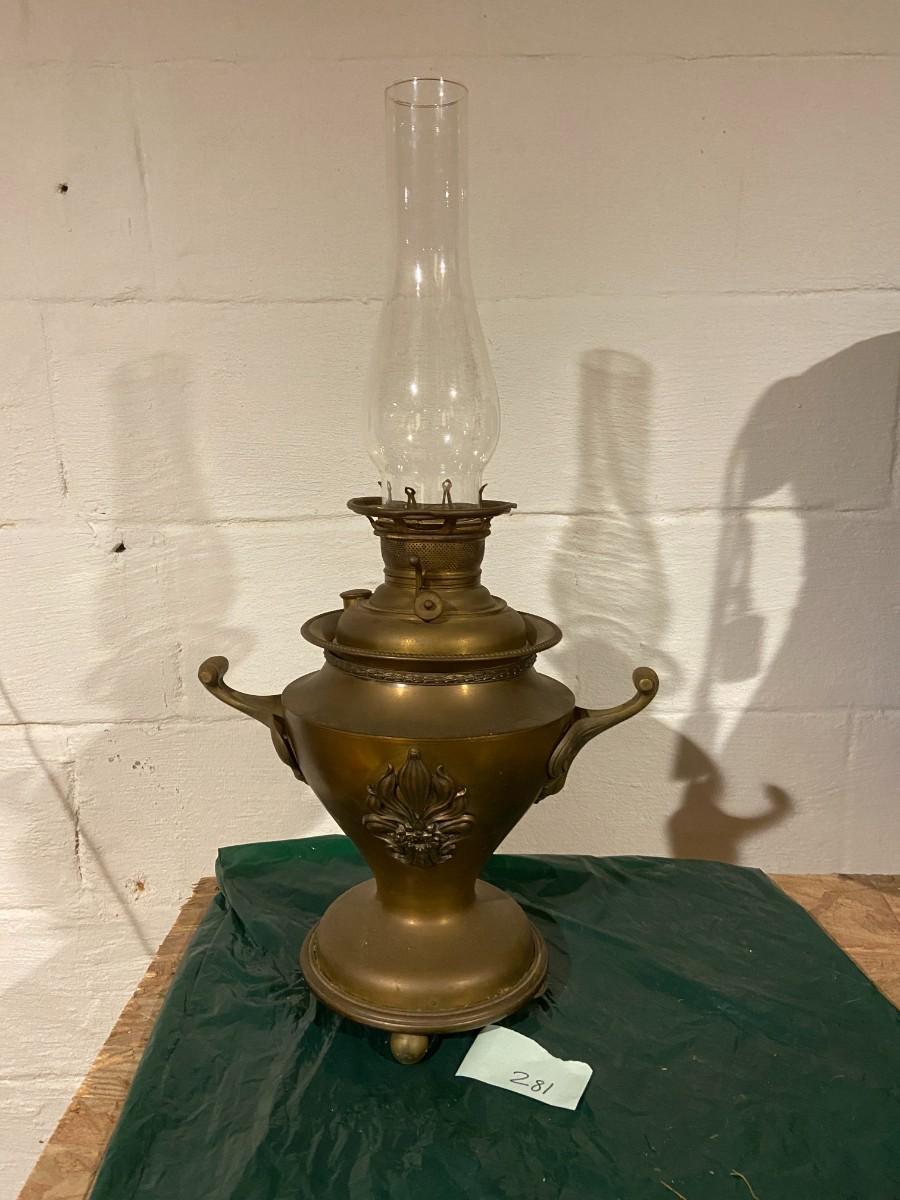 Photo 1 of Antique Brass Fleur de Lis Kerosene/Hurricane Lamp (Possibly Volkmar, No Decorat