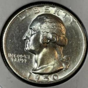 Photo of 1950-P CHOICE UNCIRCULATED CONDITION WASHINGTON SILVER QUARTER AS PICTURED.