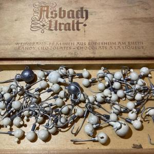 Photo of Vintage German Chocolate Wooden Box Loaded with Leaded Fishhooks as Pictured.