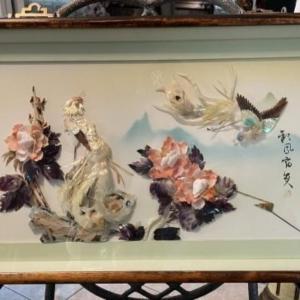 Photo of Beautiful Vintage Framed Asian Inspired 3-Dimensional Mother of Pearl Shell Art.