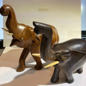 Photo of Vintage Pair of Hand Carved Wooden Elephants w/Tusks as Pictured.