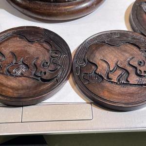 Photo of Vintage African Hand Carved Elephants and Rhinoceros Coaster Box Set w/6 Coaster
