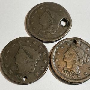 Photo of 3 Holed 1800's U.S. Large Cents as Pictured.