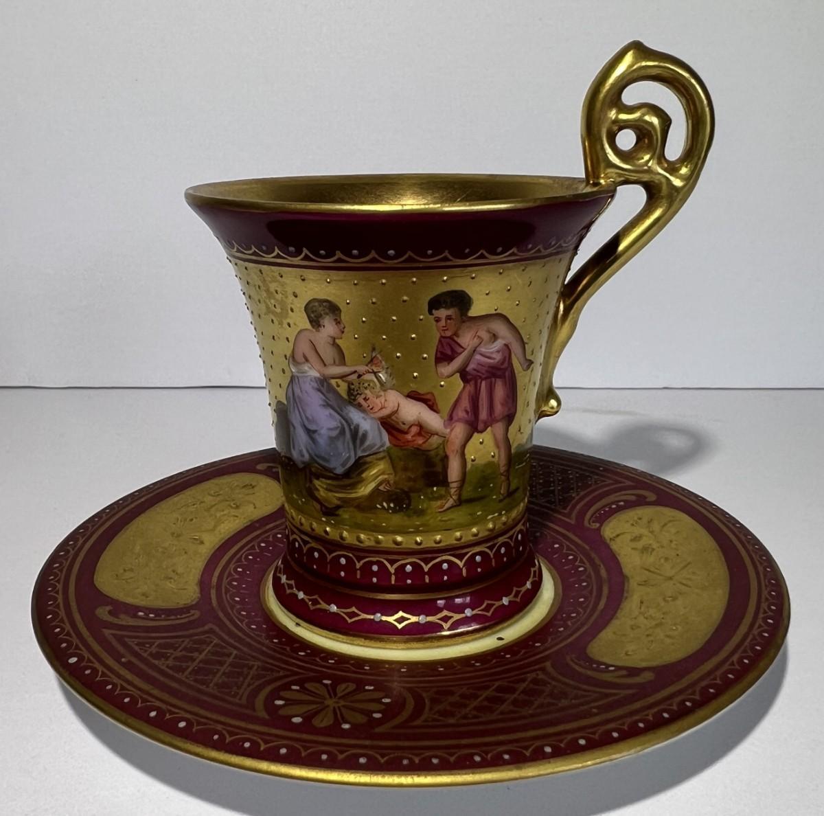 Photo 3 of Antique RARE Royal Vienna Beehive Red/Gold Cameo Teacup & Saucer c1875 3" Cup & 