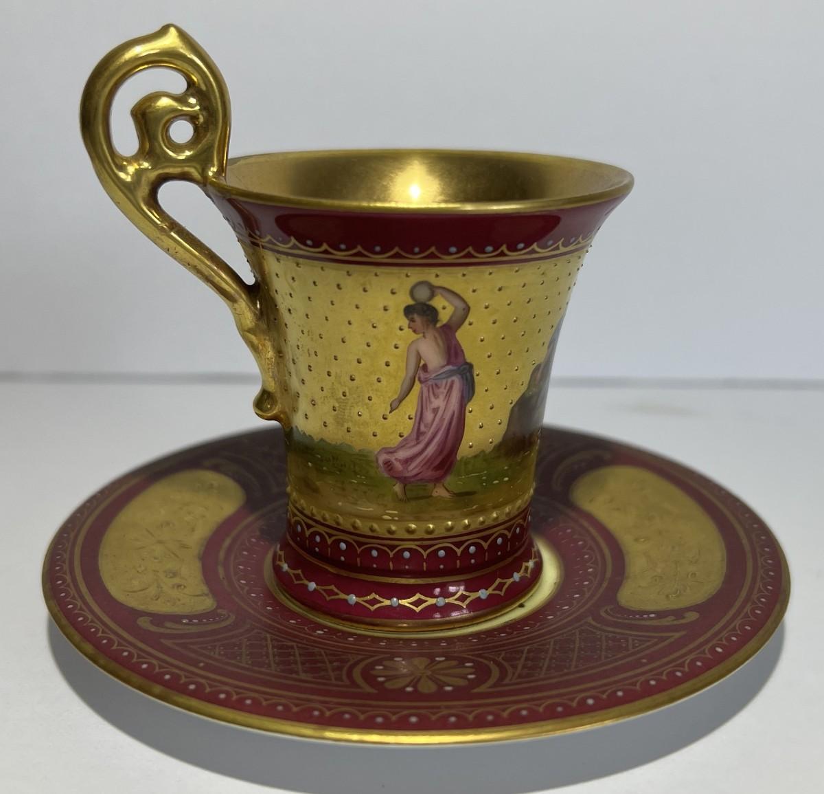 Photo 1 of Antique RARE Royal Vienna Beehive Red/Gold Cameo Teacup & Saucer c1875 3" Cup & 
