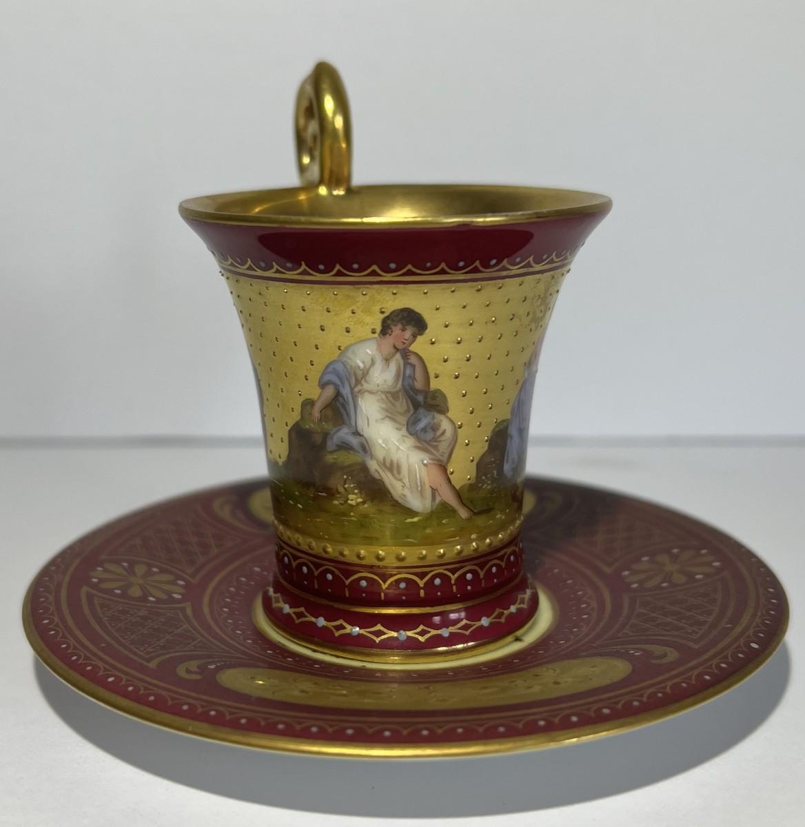 Photo 2 of Antique RARE Royal Vienna Beehive Red/Gold Cameo Teacup & Saucer c1875 3" Cup & 