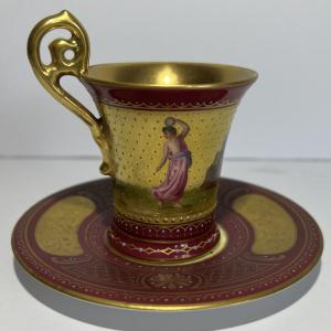 Photo of Antique RARE Royal Vienna Beehive Red/Gold Cameo Teacup & Saucer c1875 3" Cup & 