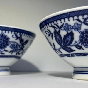 Photo of 2-Vintage Asian Blue & White Rice Bowls 5" Wide as 1 Bowl has a Stress Crack as 