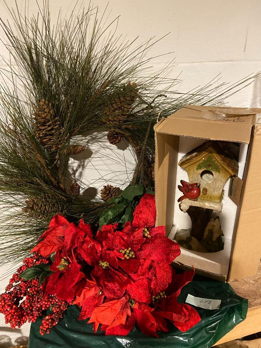 Photo 1 of Lot of Christmas Wreath, Faux Poinsettias/Cuetlaxochitls, Beries Swag, and Ceram