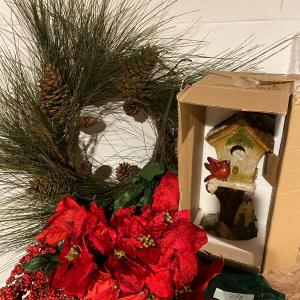 Photo of Lot of Christmas Wreath, Faux Poinsettias/Cuetlaxochitls, Beries Swag, and Ceram