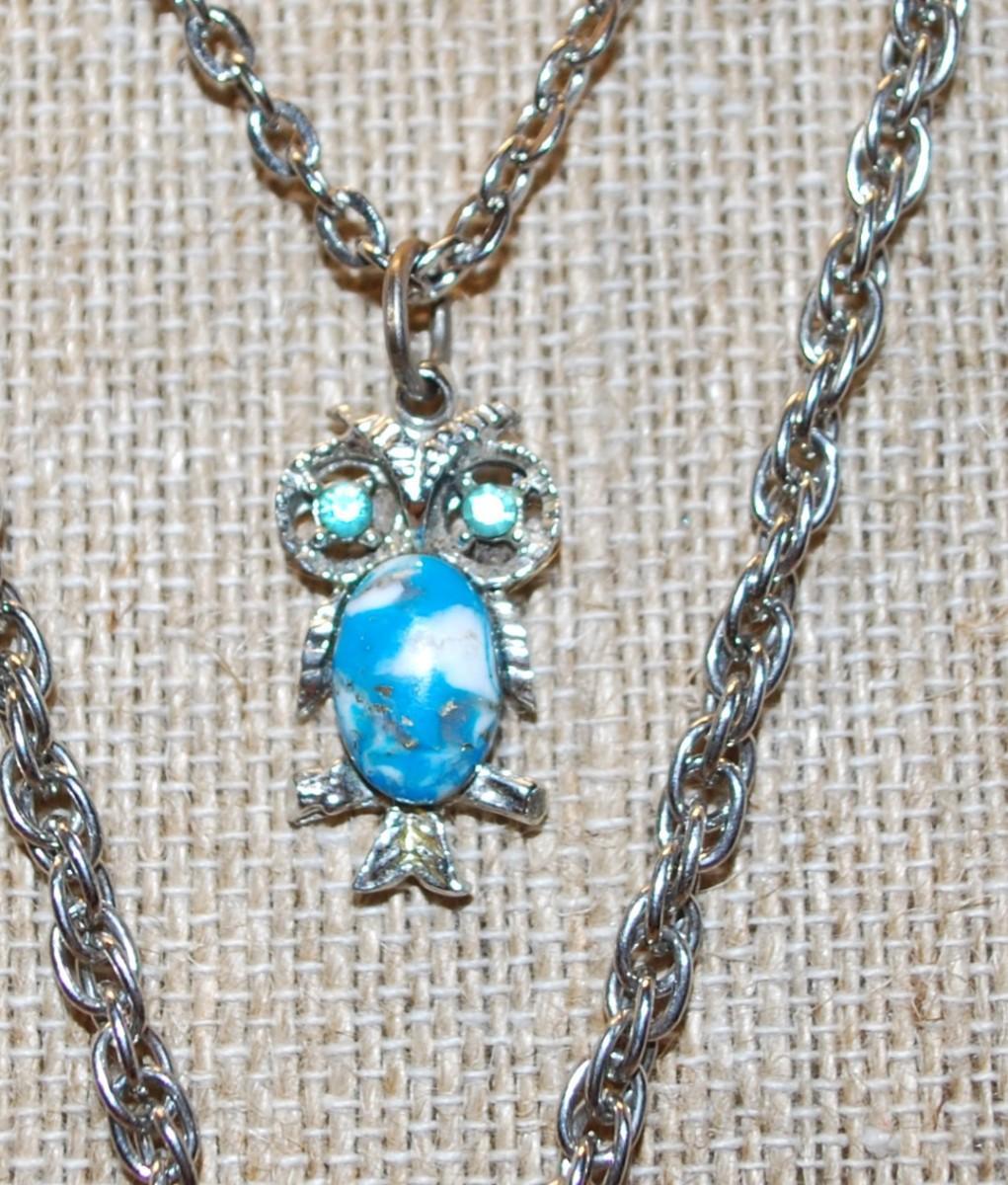 Photo 4 of Blue with Green Eyes "Mother Owl & Baby" PENDANTS (2" x 1")(1" x ½") on a Silve