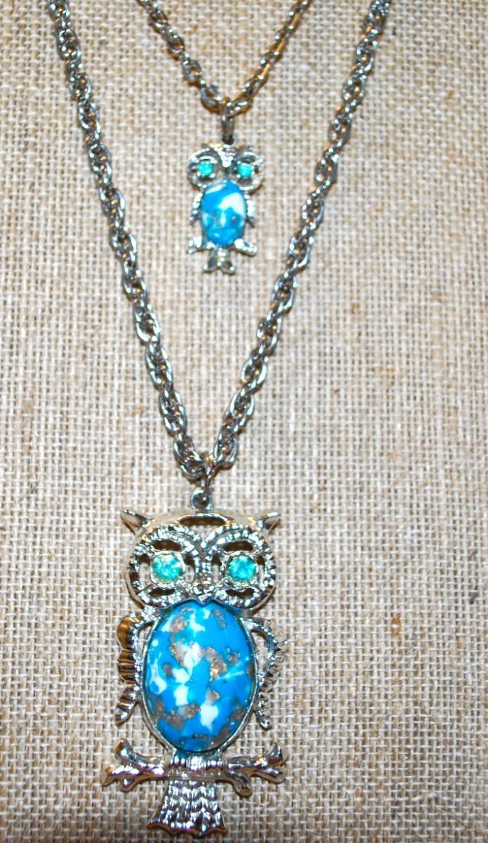 Photo 2 of Blue with Green Eyes "Mother Owl & Baby" PENDANTS (2" x 1")(1" x ½") on a Silve