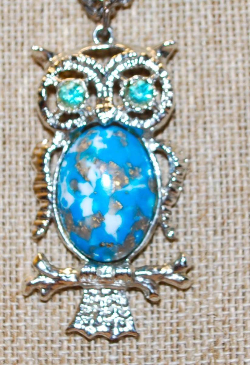 Photo 3 of Blue with Green Eyes "Mother Owl & Baby" PENDANTS (2" x 1")(1" x ½") on a Silve