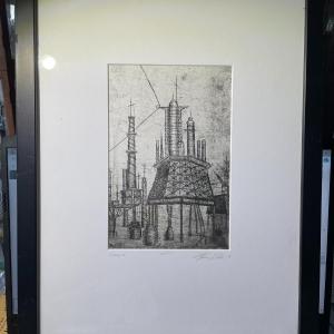 Photo of Vintage Mono Print "Factory I" Signed by the Artist Frame Size 12" x 15.75" as P
