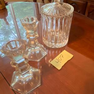 Photo of Lot of Pair of Lead Crystal Candle Sticks and Lead Crystal Candy Jar