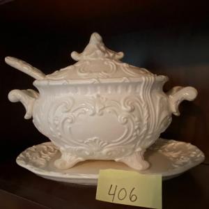 Photo of Baroque Style Milk Glass Soup Tureen, Serving Dish, and Ladle