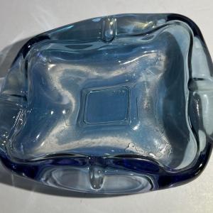 Photo of Vintage Blue Art Glass Ashtray 6" x 5" in Good Preowned Condition as Pictured.