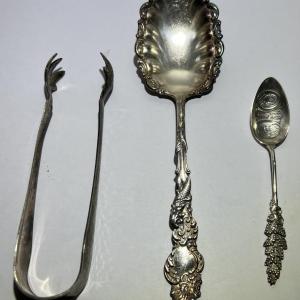 Photo of Lot of 3 Vintage/Antique Silver-Plated Serving Spoon, Tongs, & Souvenir Spoon in