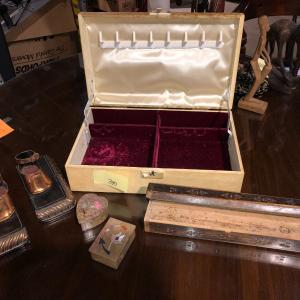 Photo of Lot of Jewelry and Trinket Boxes, Incense Burner, and Bronze Ballet Shoe Book En