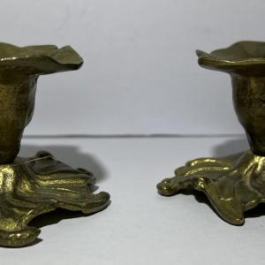 Photo of Antique Hand Made Crude Pair of Brass Candle Holders 2.25" x 3" in Good Conditio