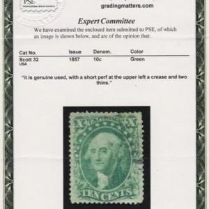 Photo of US Stamp- Scott #32 - 1857 10c Washington - Green color - PSE Certificate