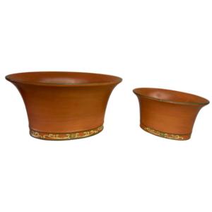 Photo of Vintage Pair of Terracotta Boat-Shaped Planters with Painted Design