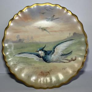 Photo of Limoges France Hand Painted Flying Bluejay Porcelain 9" Plate as Pictured.