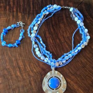 Photo of Blue Beaded Necklace with Silver Tone with Blue Stone Pendant and Blue Beaded Br