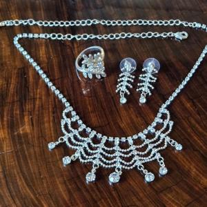 Photo of Silver Tone & Crystal Necklace, Earrings, & Ring Set