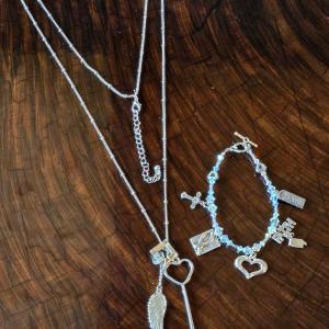 Photo of Silver Tone Religious Charm Bracelet & Key and Angel Wing Necklace