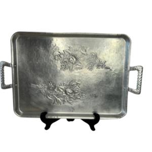 Photo of Vintage 1940s Rectangular Aluminum Etched Filigree Butler Tray with/ Handles