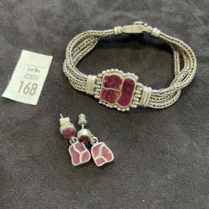 Photo of Sterling bracelet with red stone inlaid. Matching earrings.