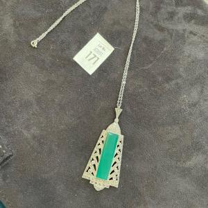 Photo of Sterling marcasite pendant with green stone (possibly jade)