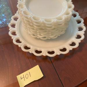 Photo of Vintage Open-Lace Milk Glass Snack Plates and Serving Plate