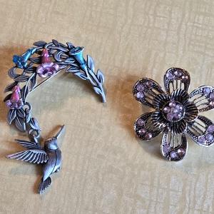 Photo of Silver Tone Hummingbird and Flower Brooches