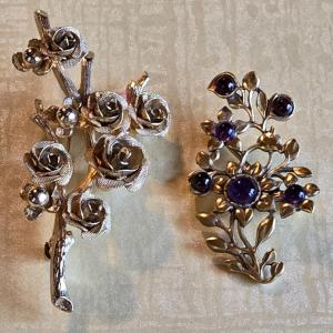 Photo of Rose Bush and Flower with Blue Stone Brooches
