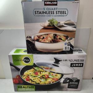 Photo of lot of 2 5 Qt Stainless steel Casserole & Green Pan 5 qt Sauté Pan New in box